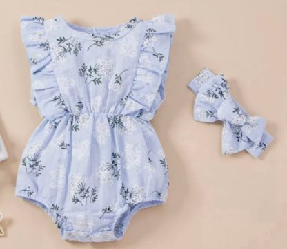 Floral Romper with Matching Headband Set - Blue