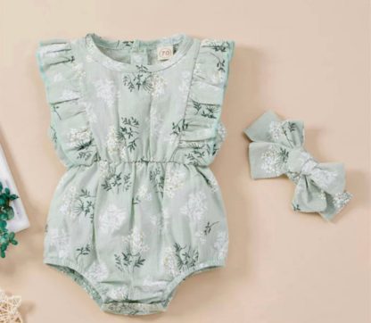 Floral Romper with Matching Headband Set - Green