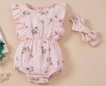 Floral Romper with Matching Headband Set - Pink