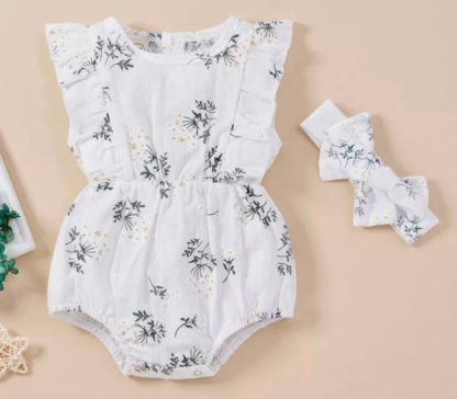 Floral Romper with Matching Headband Set - White