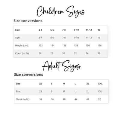 Personalised Hoodie size chart