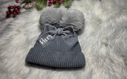 Personalised Double Pom Pom Hat Grey