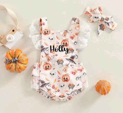 Personalised Halloween Baby Romper and Matching Headband Set