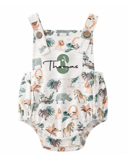 Safari Animal Baby Romper - 3 Designs - Number and Name 2 - Green