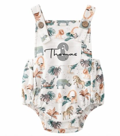 Safari Animal Baby Romper - 3 Designs - Number and Name 2 - Grey